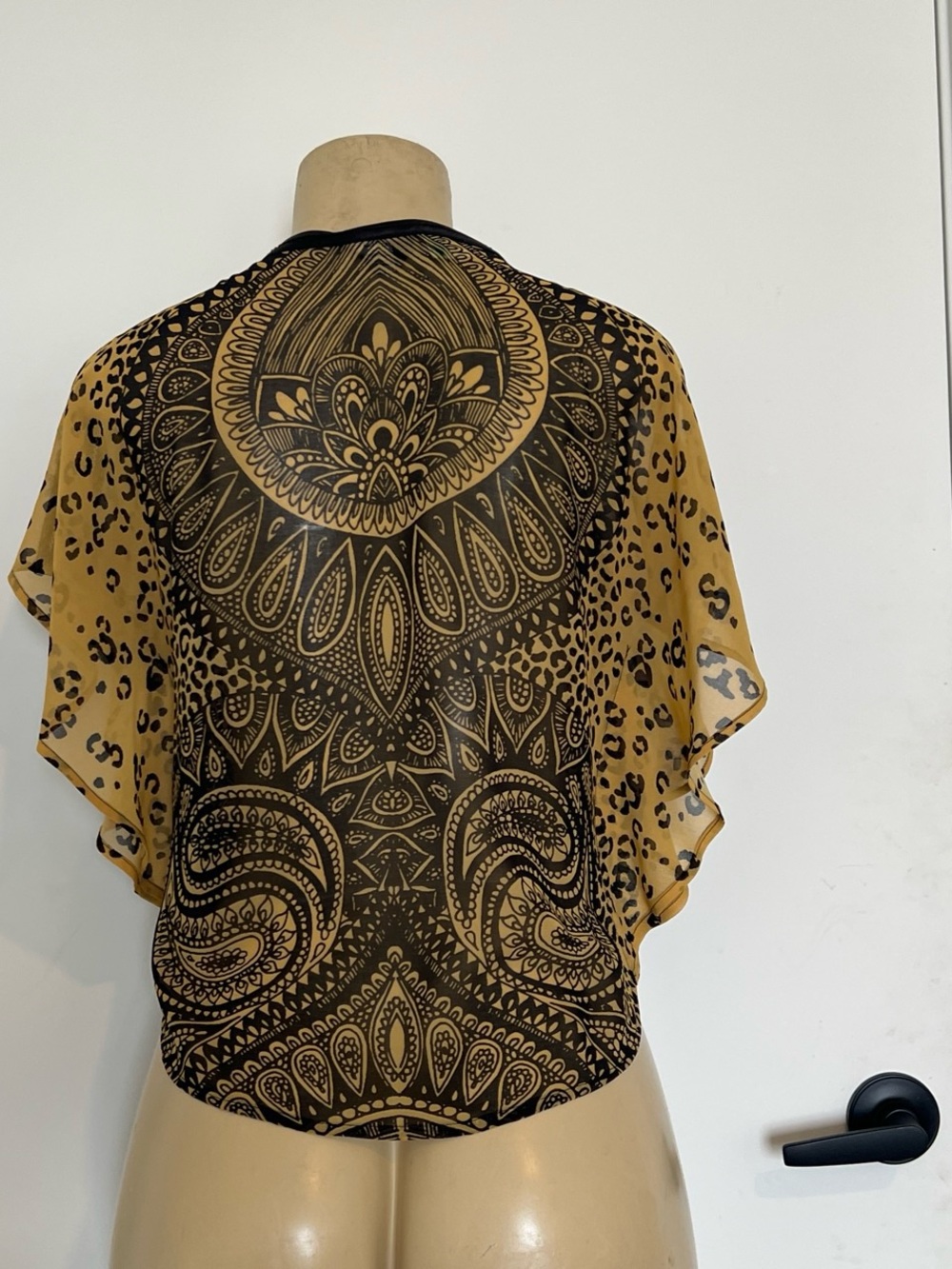 bebe Black and Mustard Paisley & Leopard Zip-Front Sheer Top - Picture 3 of 3